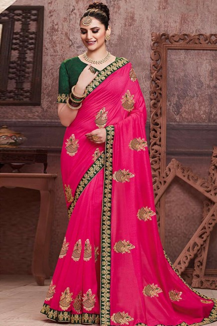 Latest Ethnic Embroidered Art Silk Saree in Rani Pink with Blouse