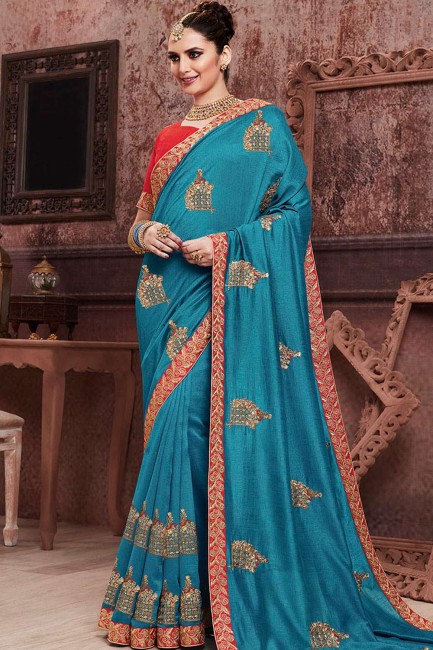 Saree in Blue Art Silk with Embroidered