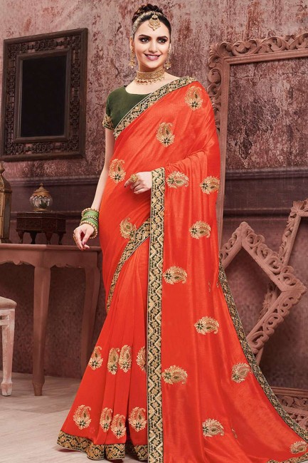 Orange Saree with Embroidered Art Silk
