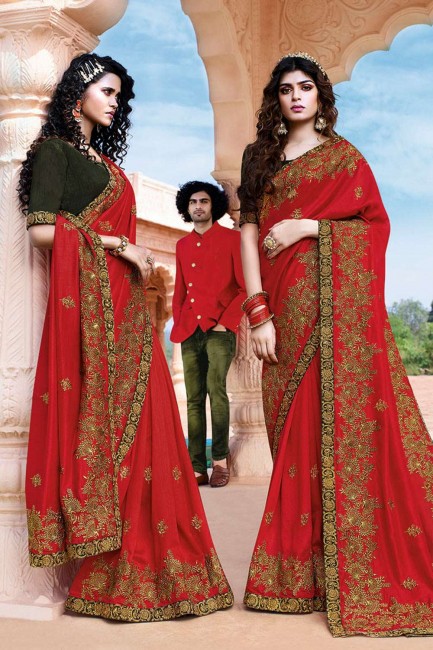 Designer Saree in Red Art Silk with Embroidered