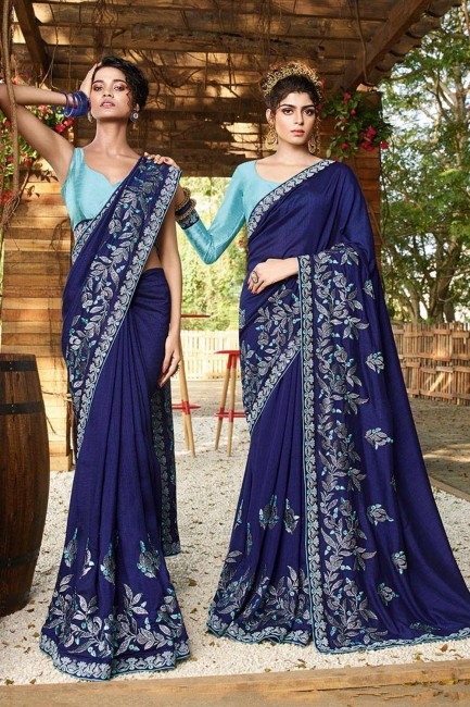 Royal Blue Saree in Art Silk with Embroidered