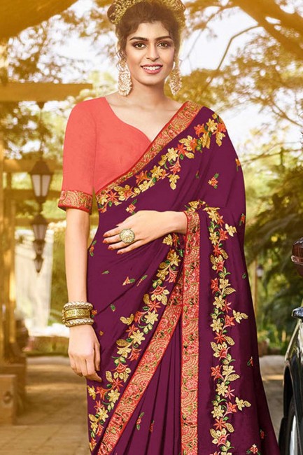 Art Silk Saree in Purple with Embroidered