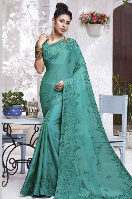 Turquoise Blue Saree in Embroidered Chiffon