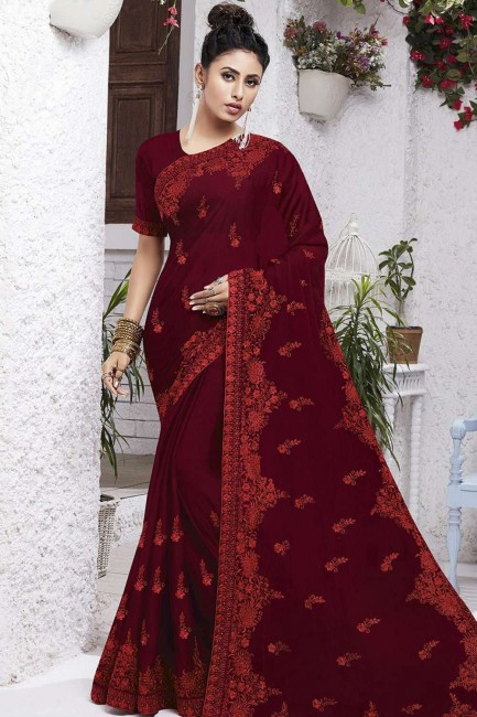 Embroidered Chiffon Saree in Maroon with Blouse