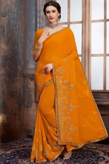 Georgette Saree in Musturd Yellow with Embroidered