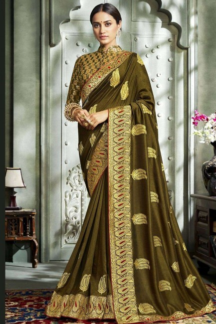 Embroidered Art Silk Saree in Olive Green with Blouse