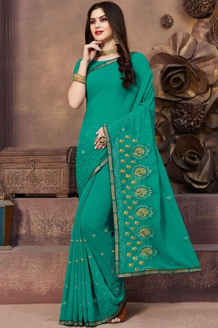 Sea Green Georgette Embroidered Saree with Blouse
