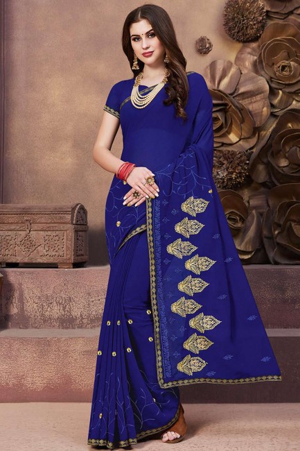 Royal Blue Georgette Saree with Embroidered