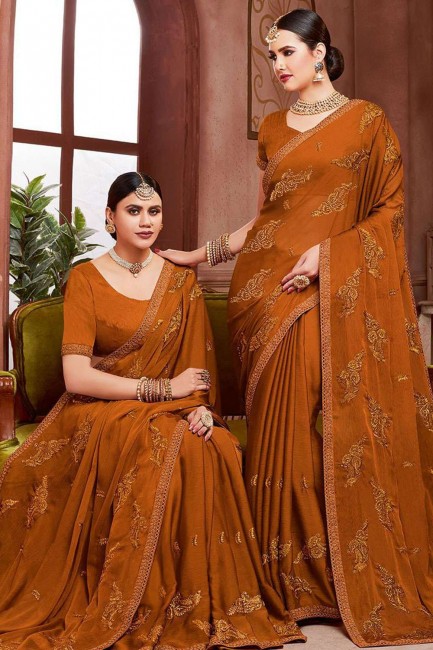 Embroidered Chiffon Saree in Brown