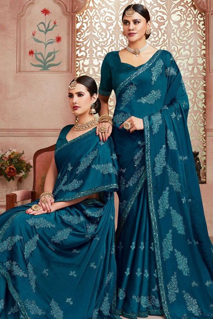 Chiffon Blue Saree in Embroidered