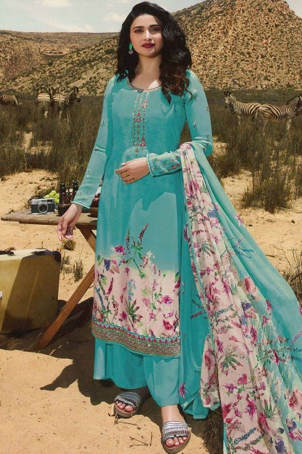Crepe Palazzo Suit in Turquoise Blue with dupatta