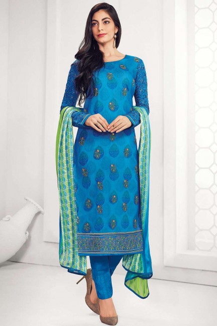 Georgette Straight Pant Suit in Blue with Georgette