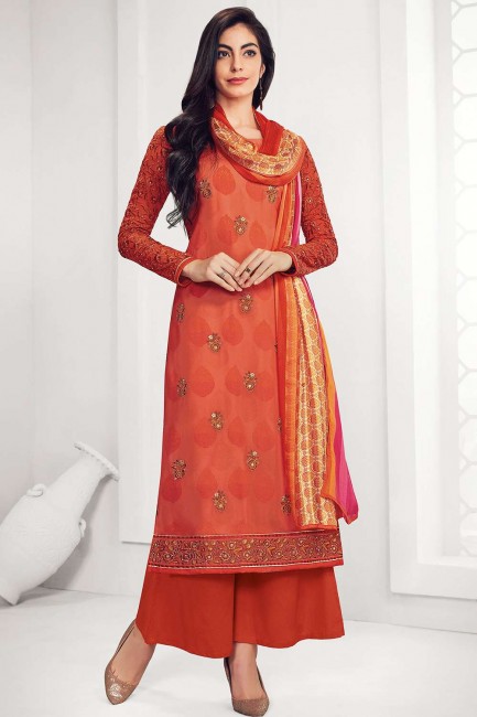 Rust Orange Straight Pant Suit with Georgette
