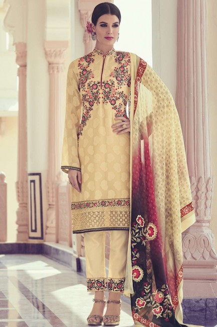 Cream Jacquard Straight Pant Suit with Georgette
