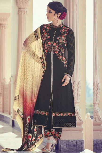 Black Jacquard Straight Pant Straight Pant Suit with Georgette