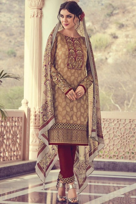 Georgette Straight Pant Suit in Brown Jacquard