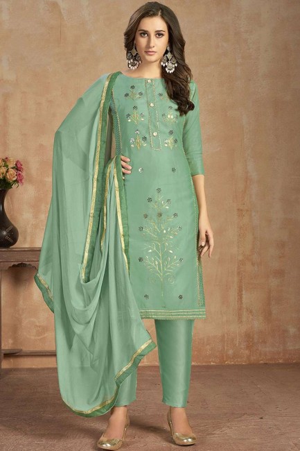 Sea Green Cotton Straight Pant Suit with Cotton