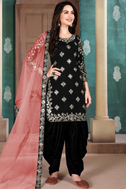Art Silk Patiala Suit in Black Art Silk