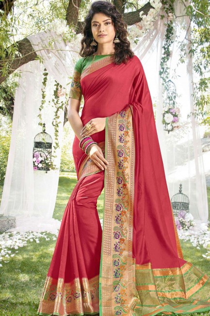 Dark Pink South Indian Saree in Weaving Khadi & Silk