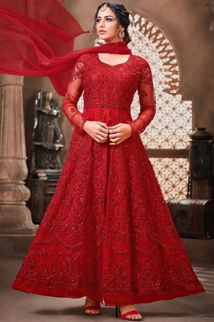 Net Straight Pant Anarkali Suit in Red Net