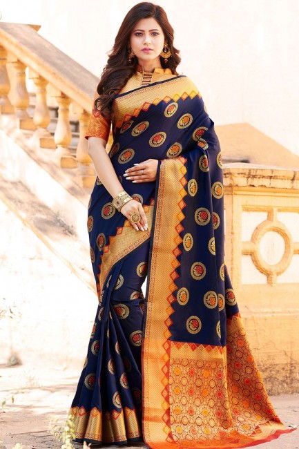 Art Silk Weaving Navy Blue Banarasi Saree with Blouse