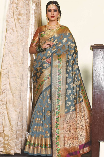 Weaving South Indian Saree in Grey Art Silk