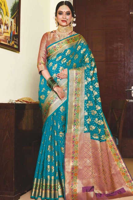 Weaving Art Silk Blue South Indian Saree Blouse