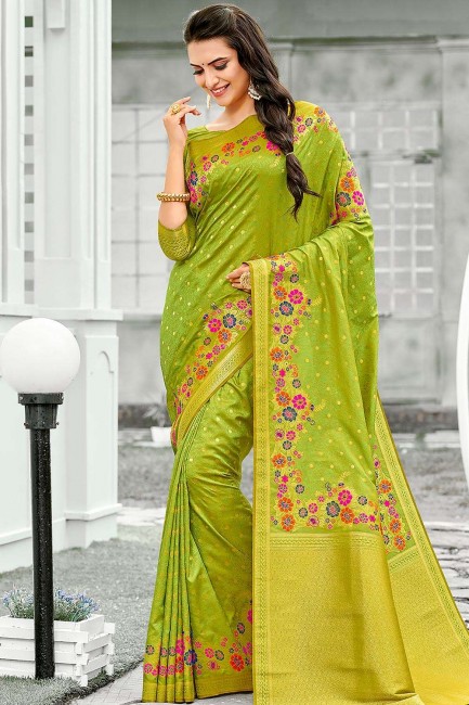 Silk Weaving Parrot Green Banarasi Saree with Blouse