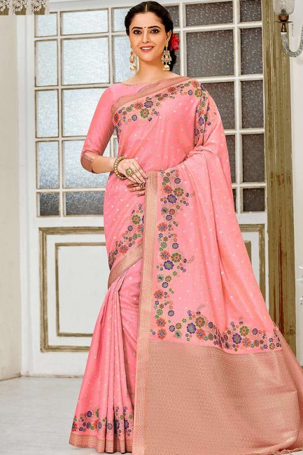 Light Pink Banarasi Saree with Weaving Silk