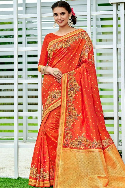 Weaving Silk Dark Orange Banarasi Saree Blouse