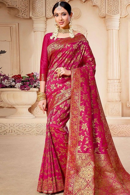 Banarasi Saree in Dark Pink Silk with Weaving