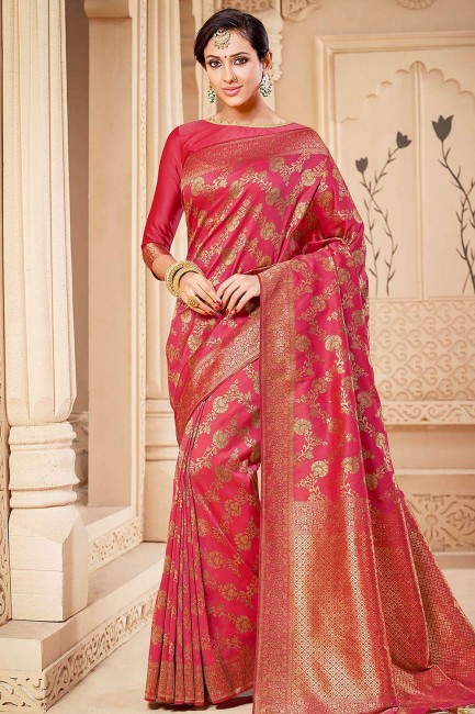 Luring Silk Banarasi Saree with Weaving in Dark Pink