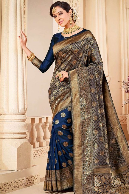 Banarasi Saree in Navy Blue Silk with Weaving