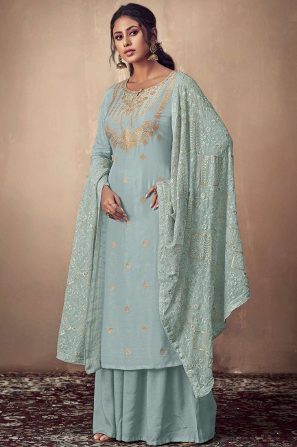 Banarsi Jacquard Palazzo Suit in Dusty Blue with dupatta