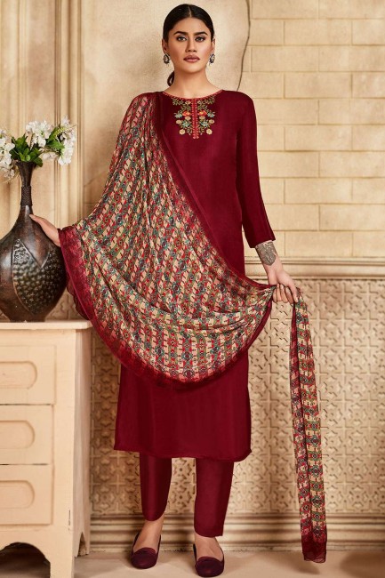 Silk Palazzo Suit in Maroon with Satin