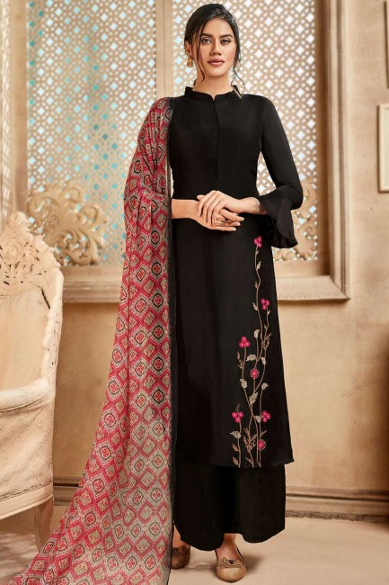 Satin Silk Palazzo Suit in Black with dupatta