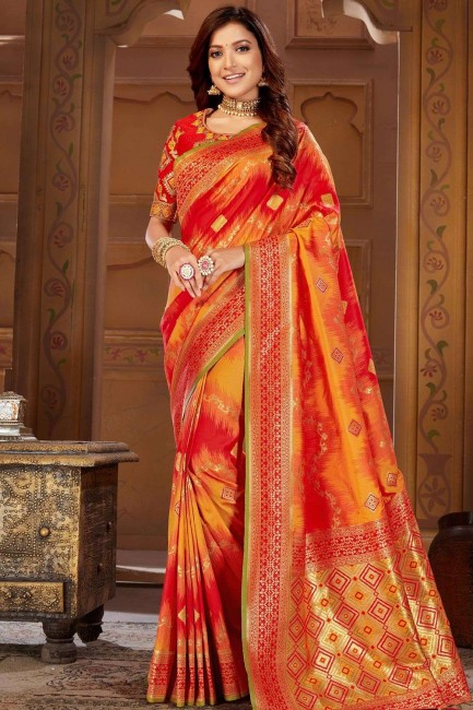 Embroidered Jacquard & Silk Orange & Red South Indian Saree Blouse