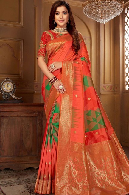 Jacquard & Silk Embroidered Orange South Indian Saree with Blouse