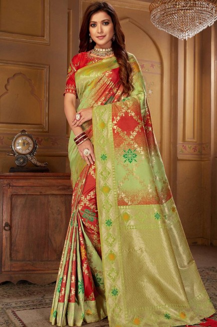 Light Green Jacquard & Silk Embroidered South Indian Saree with Blouse