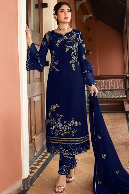 Royal Blue Straight Pant Suit in Satin Georgette