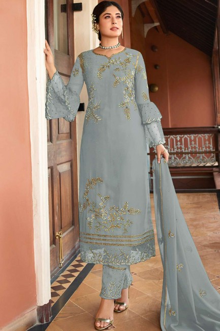 Grey Straight Pant Suit in Satin Georgette with Satin Georgette