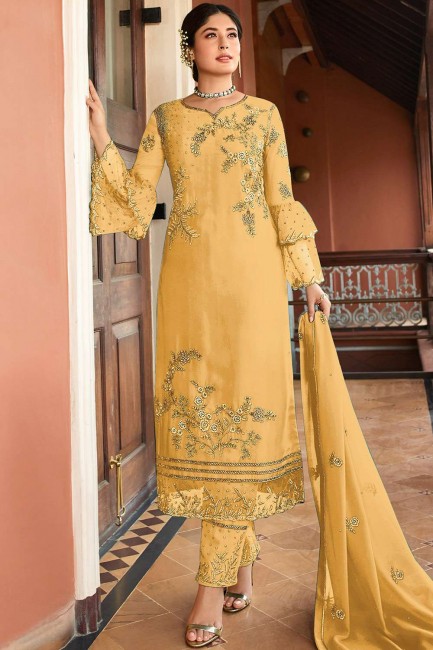 Yellow Satin Georgette Straight Pant Suit