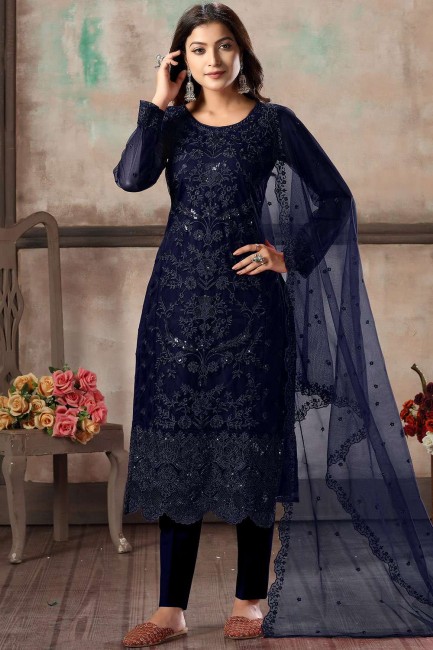 Net Straight Pant Suit with Net in Navy Blue