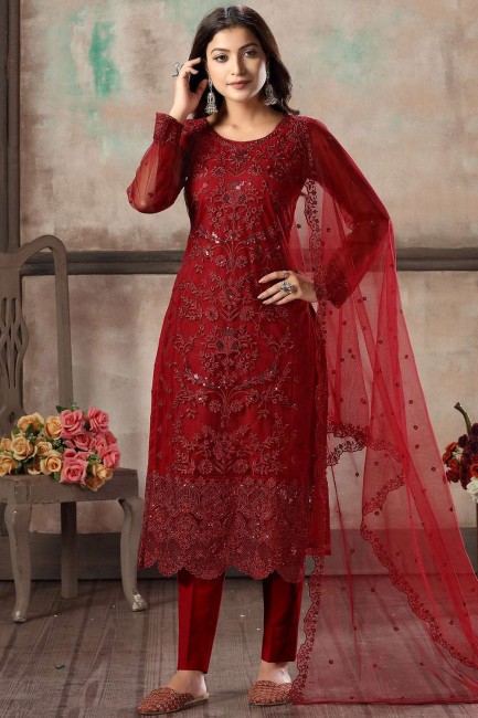 Net Straight Pant Straight Pant Suit in Red Net