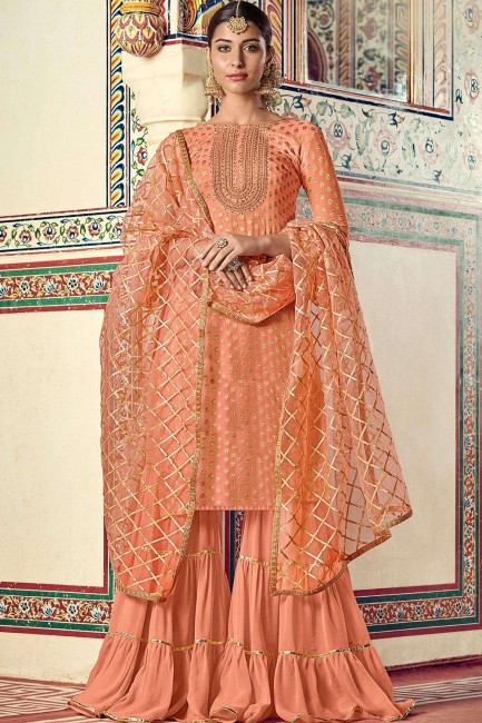 Georgette Jacquard Sharara Suit in Peach