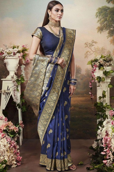 Saree in Royal Blue Banarasi raw Silk with Weaving