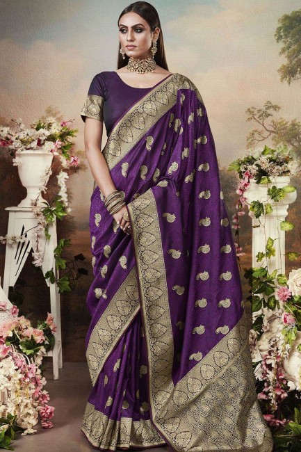 Ethinc Weaving Banarasi raw Silk Saree in Purple