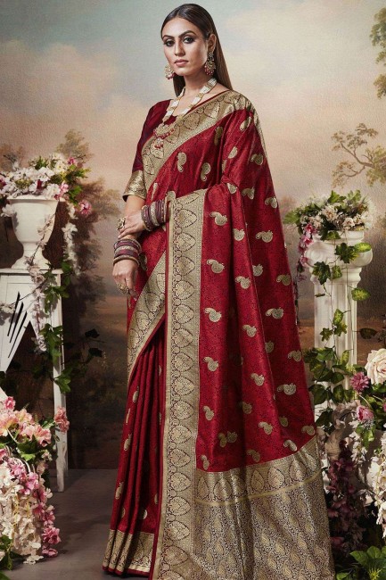 Weaving Banarasi raw Silk Red Saree Blouse