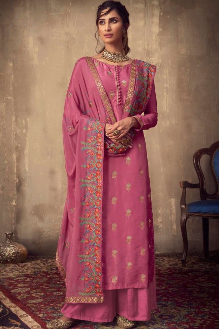 Jacquard Silk Sharara Suit in Pink