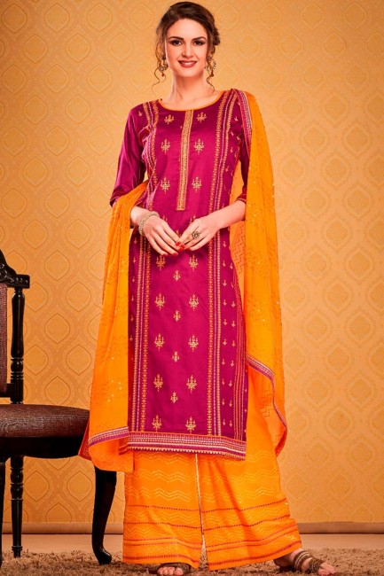 Silk Palazzo Suit in Dark Pink with Cotton